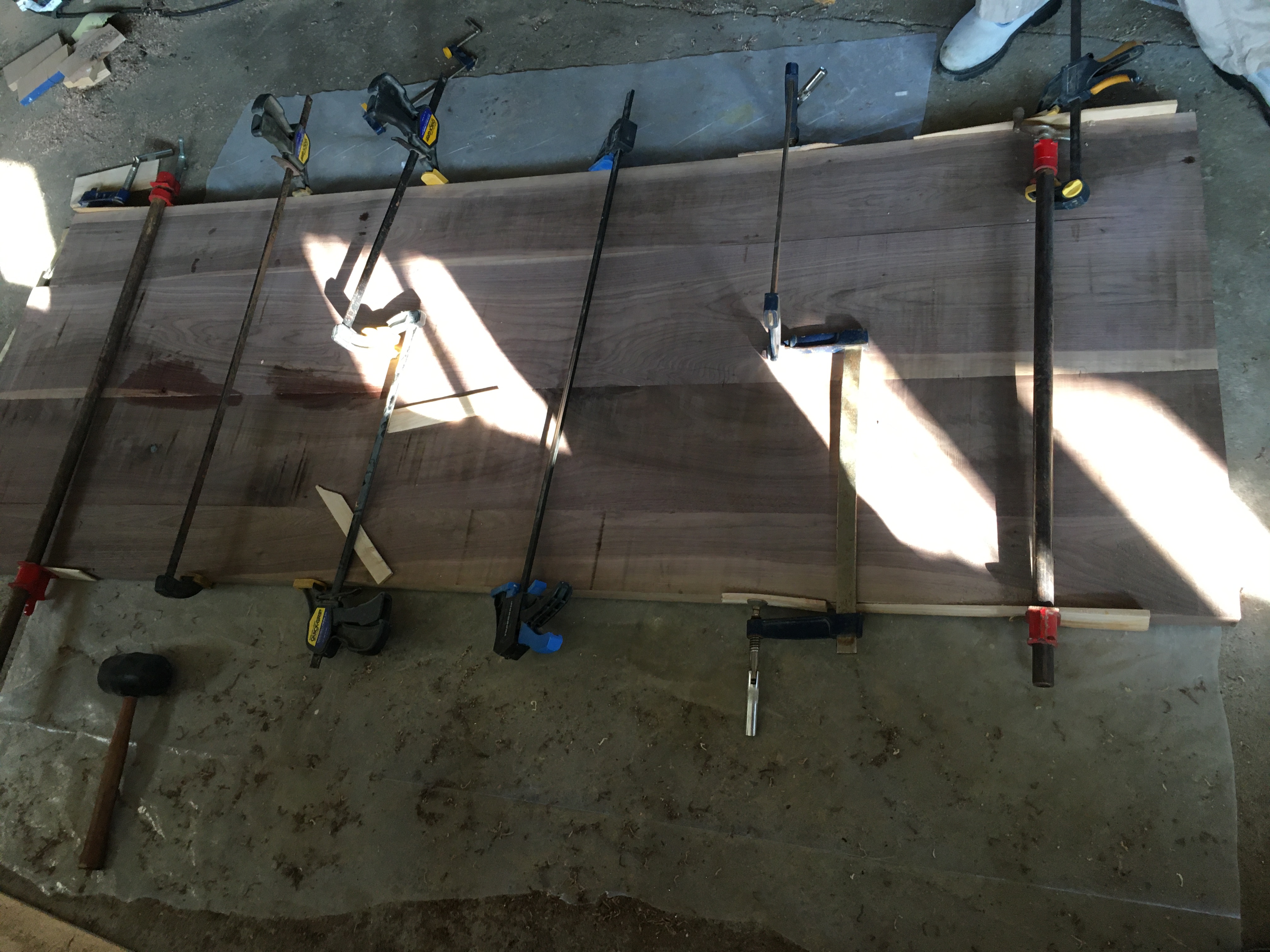 Clamped boards while the glue dries